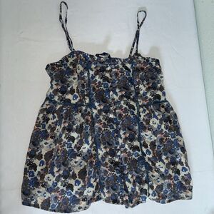 American Eagle Outfitters Babydoll Full Button Strappy Blue Floral Tank Top S